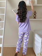 Lilac Sun Flowers Printed Half Sleeves Night Suit