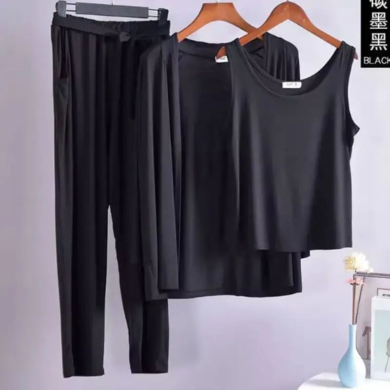 3 Pcs Sleepwear (Sando Shrug Trouser) (Black) (KO-NS-0265)