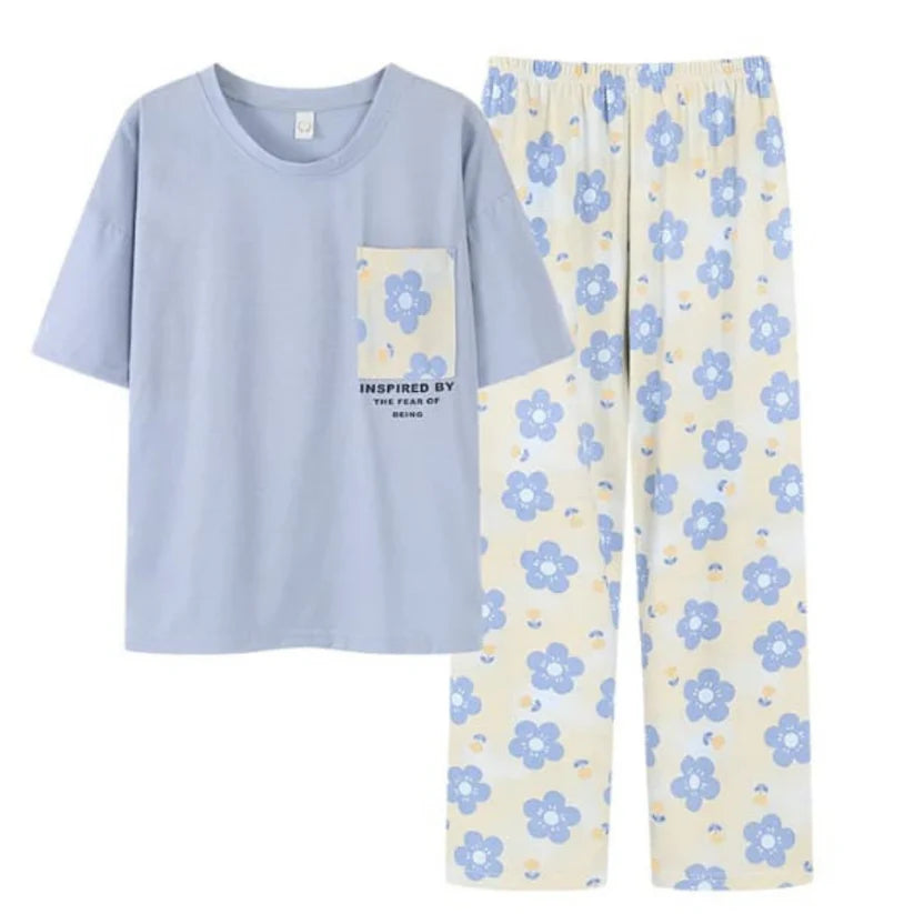 Sky Blue Pocket Flower With Flower Printed Trouser (KO-NS-504)