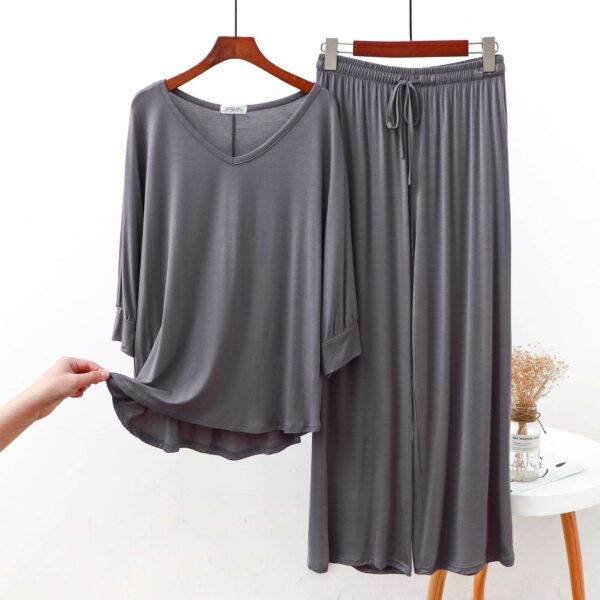 Grey Plain V Neck Shirt With Lose Style Lounge Wear (KO-NS-348)