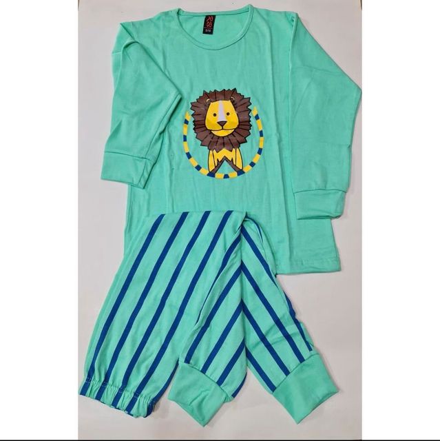Baby or Baba Sea Green Lion with Stripes Pajama print Night Suit for Kids (1 Pcs) (KO-KNS-228)