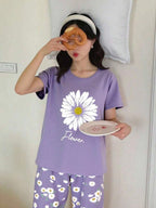 Lilac Sun Flowers Printed Half Sleeves Night Suit