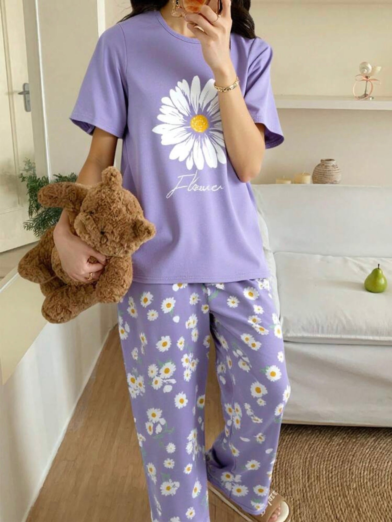 Lilac Sun Flowers Printed Half Sleeves Night Suit