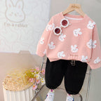 Pink with Small Rabit Sweat Shirt with Black Trouser for Kids (TA-010)