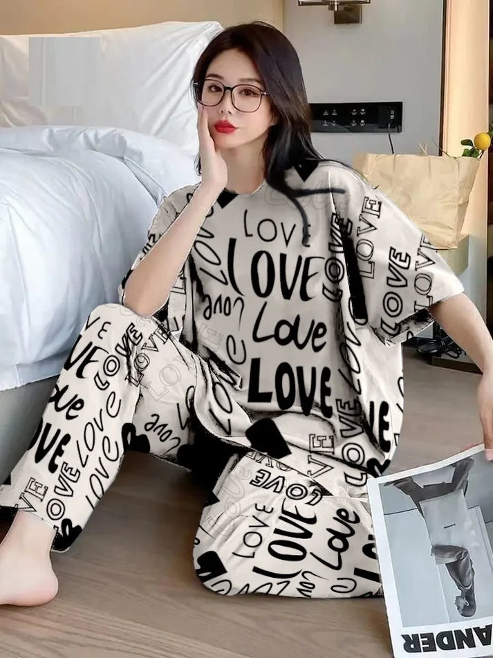 Off White All Over Love Heart Printed Night Suit (KO-NS-505)