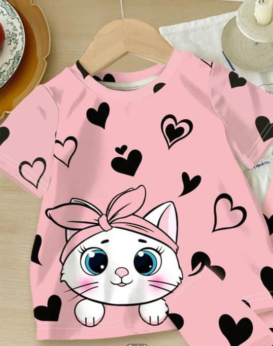 Pink Kitty with black hearts Printed Kids Night Suit (KO-611)