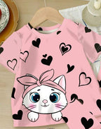 Pink Kitty with black hearts Printed Kids Night Suit (KO-611)