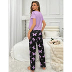 Lilac With Black Butterflies Heart Printed T-shirt And Butterflies Printed Trouser Suit (KO-NS-481)