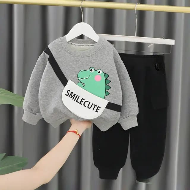 Grey with Dragon Sweat Shirt with Black Trouser for Kids