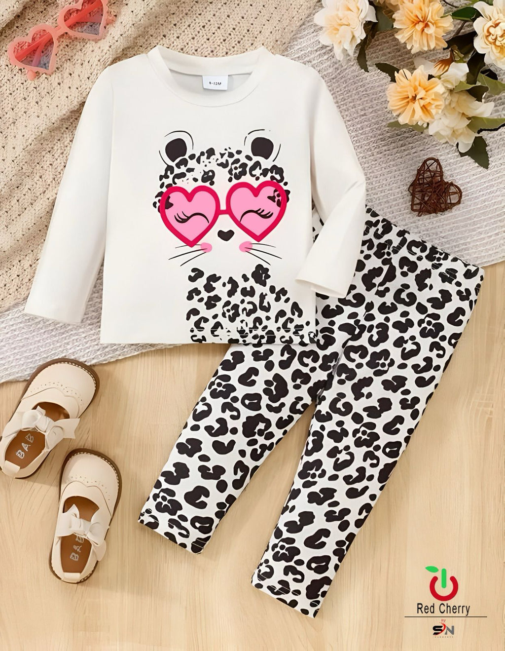 White Cute cartoon Printed with Cheetah Printed Trouser Kids Night Suit (KO-631)