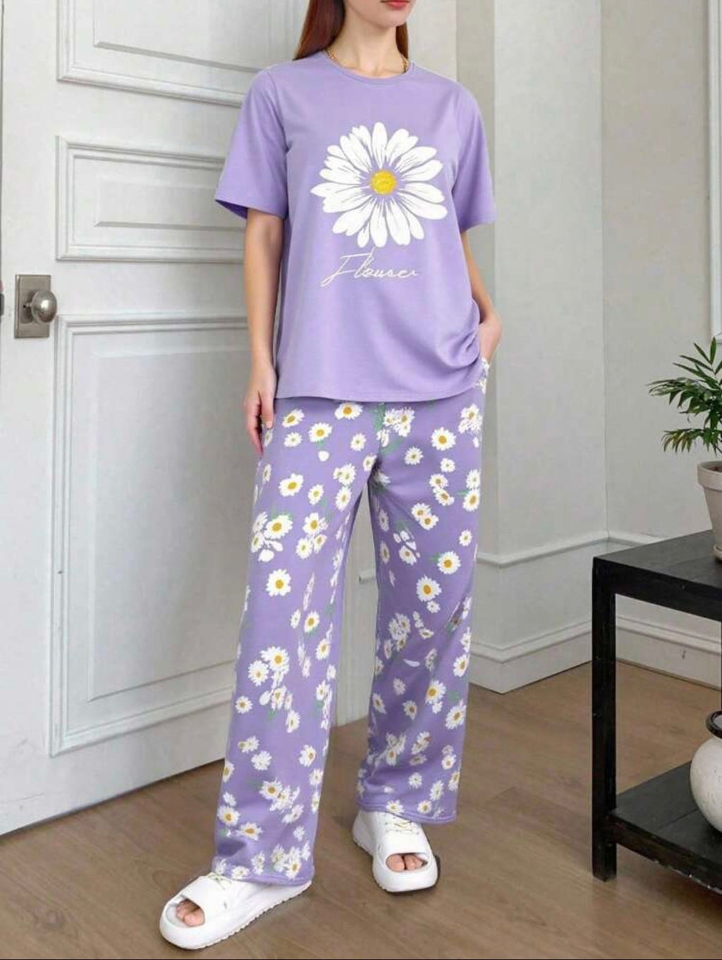 Lilac Sun Flowers Printed Half Sleeves Night Suit