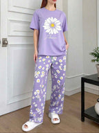 Lilac Sun Flowers Printed Half Sleeves Night Suit
