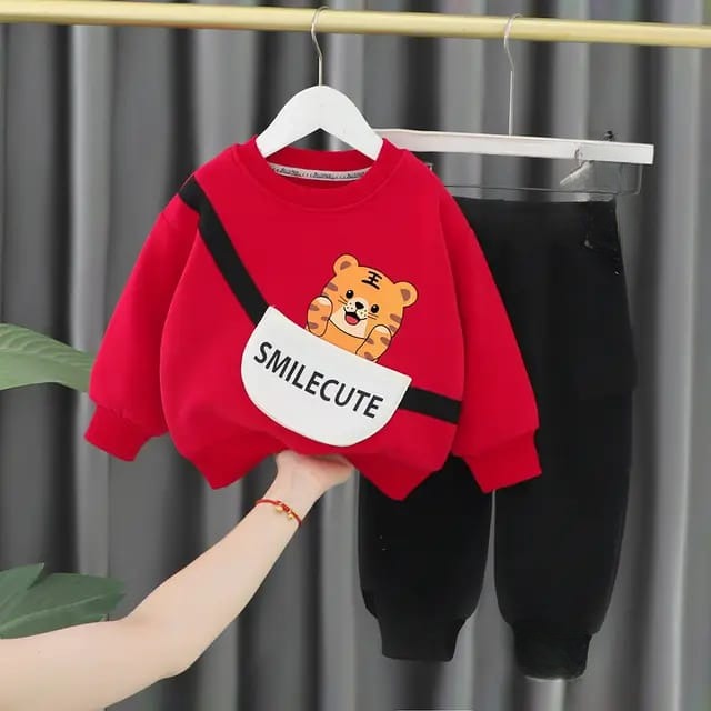 Red with Small tiger Sweat Shirt with Black Trouser for Kids