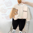 Off White Bear sweat Shirt with Black Trouser for Kids (TA-016)