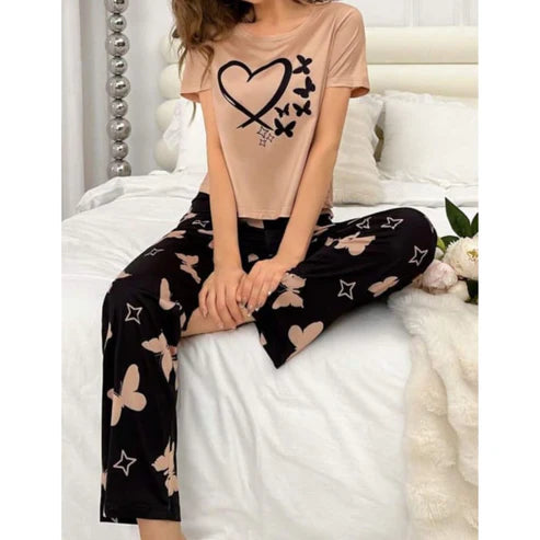 Brown With Black Butterflies Heart Printed T-shirt And Butterflies Printed Trouser Suit (KO-NS-482)