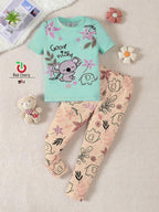 Green Good Night Floral Bear Printed Half Sleeves Tshirt with Floral Printed Trouser The Ultimate Kids Sleep Suit (KO-630)