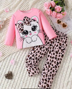 Pink Cute Kitty with cheetha pajama Printed Kids Night Suit (KO-612)