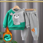 Green With Grey Bear Print Sweatshirt With Grey Trouser For Kids (TA-018)
