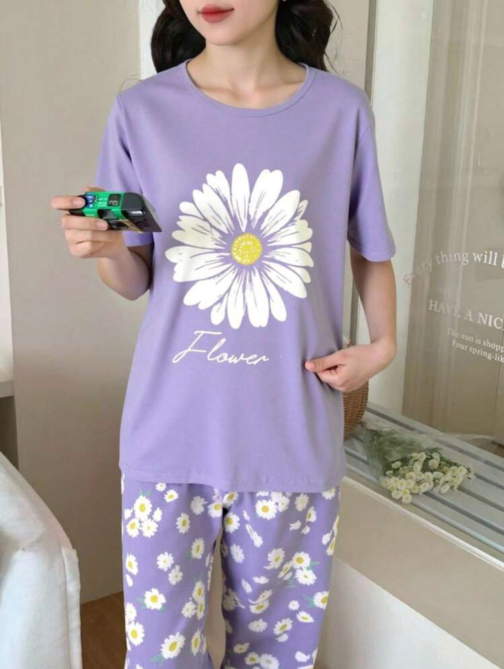 Lilac Sun Flowers Printed Half Sleeves Night Suit