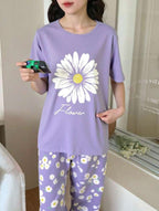 Lilac Sun Flowers Printed Half Sleeves Night Suit