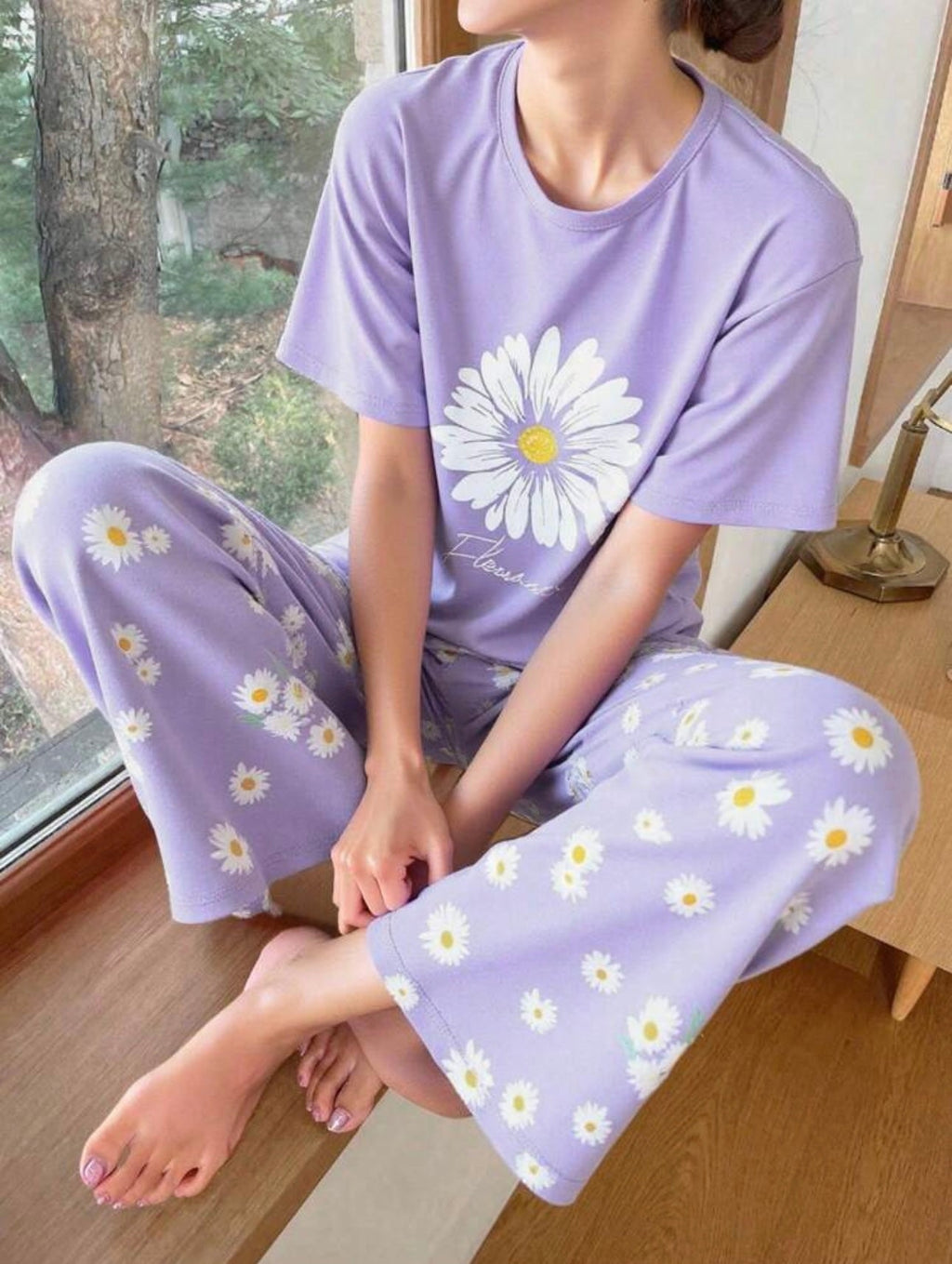 Lilac Sun Flowers Printed Half Sleeves Night Suit