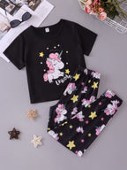 Black Unicorn Printed Half Sleeves T-shirt with unicorn Star Printed Pajama Kids Suits (KO-627)