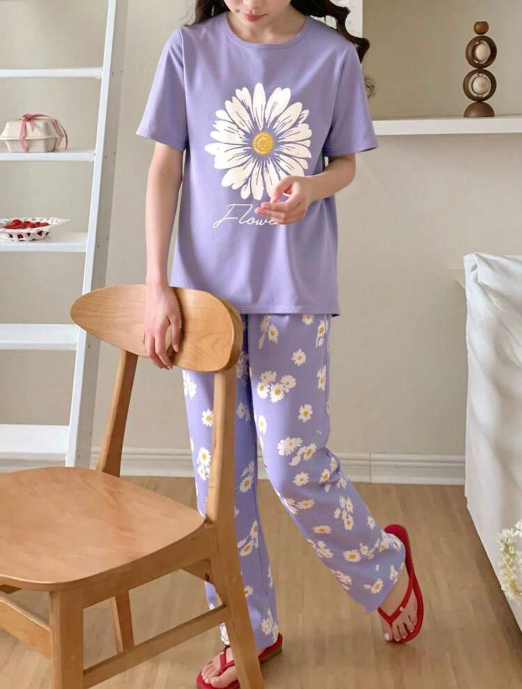 Lilac Sun Flowers Printed Half Sleeves Night Suit