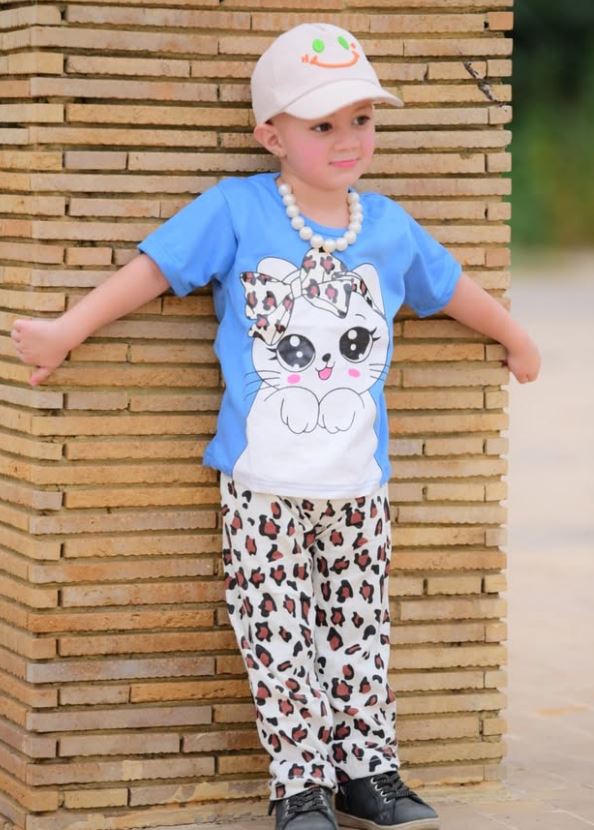 Sky Blue Cute Kitty With Cheetha Pajama Printed Kids Night Suit (KO-622)