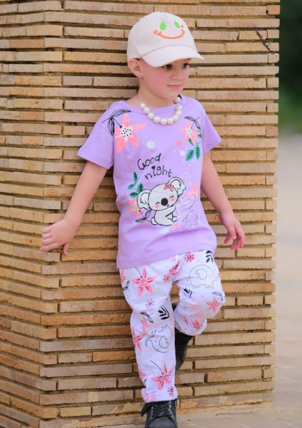Lilac Good Night Floral Bear Printed Half Sleeves T-shirt with Floral Printed Pajama Kids Suits (KO-625)