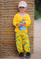 Yellow Barbie Girl Printed Full Sleeves T-shirt with Flower Printed Pajama Kids Suits (KO-619)
