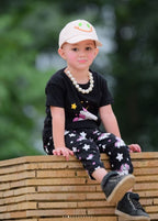 Black Unicorn Printed Half Sleeves T-shirt with unicorn Star Printed Pajama Kids Suits (KO-627)