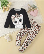 Black Cute Kitty With Cheetha Pajama Printed Kids Night Suit (KO-623)