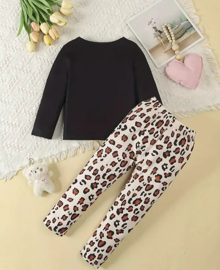 Black Cute Kitty With Cheetha Pajama Printed Kids Night Suit (KO-623)