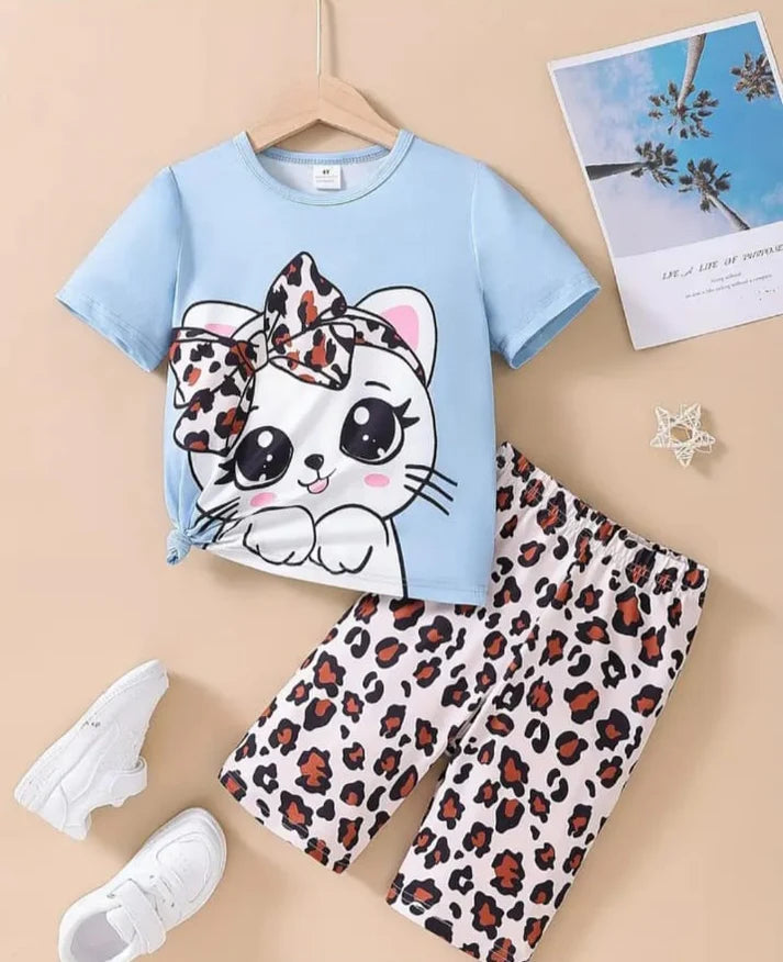 Sky Blue Cute Kitty With Cheetha Pajama Printed Kids Night Suit (KO-622)