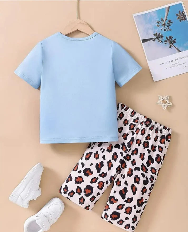 Sky Blue Cute Kitty With Cheetha Pajama Printed Kids Night Suit (KO-622)