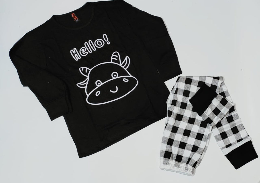 Baby or Baba Black and White Cow with Check Style Pajama Night Suit for Kids (1 Pcs) (KO-KNS-233)