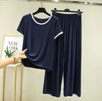 Navy Blue Round Neck Piping Half Sleeves Shirt With Palazzo Style Trouser Home Wear (KO-NS-385)