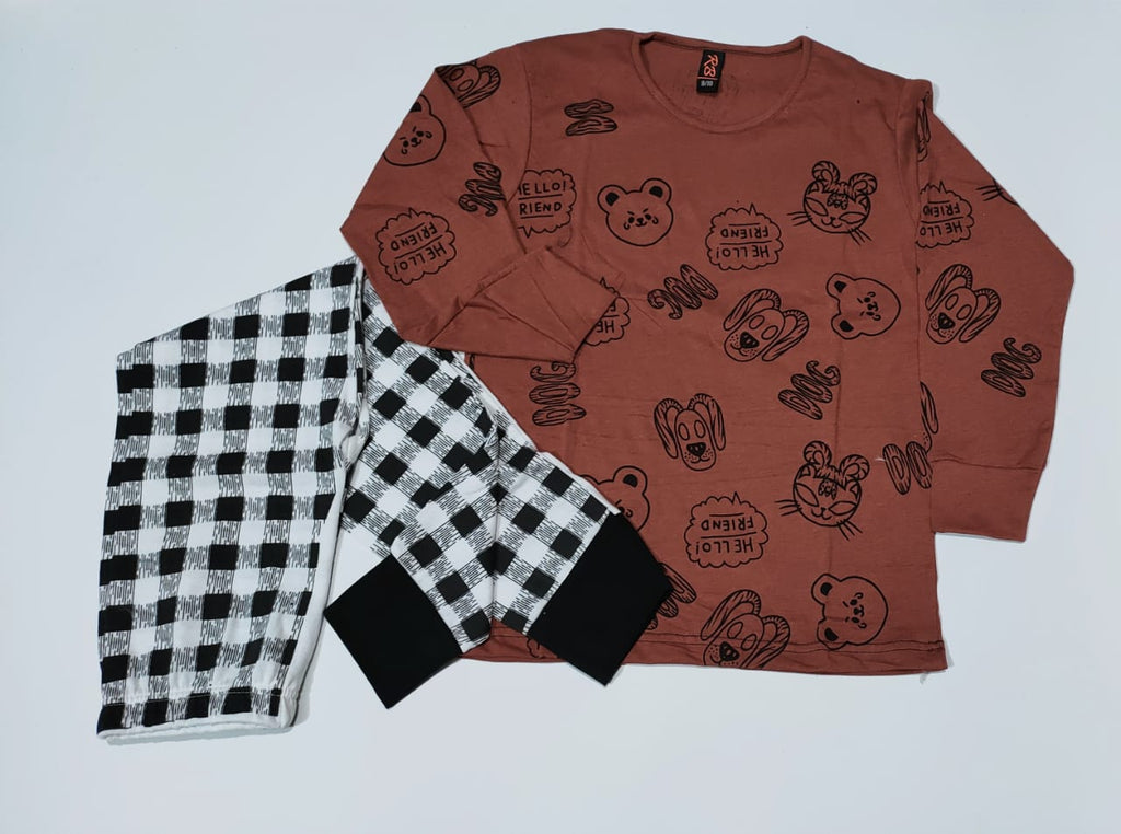 Baby or Baba Brown Hello Friend with Check Style Pajama Night Suit for Kids (1 Pcs) (KO-KNS-235)