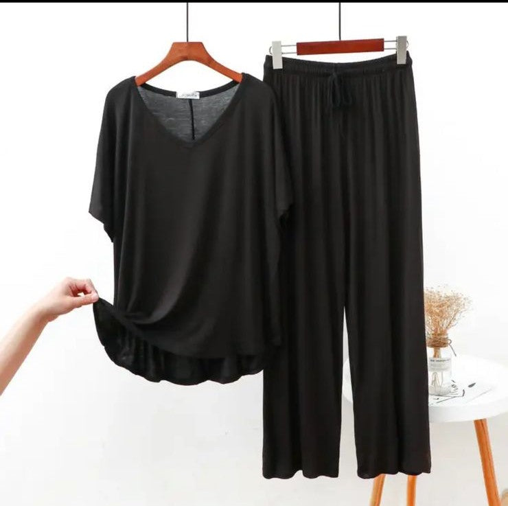 Black V Neck Half Sleeves Shirt With Lose Style Lounge Wear (KO-NS-391)