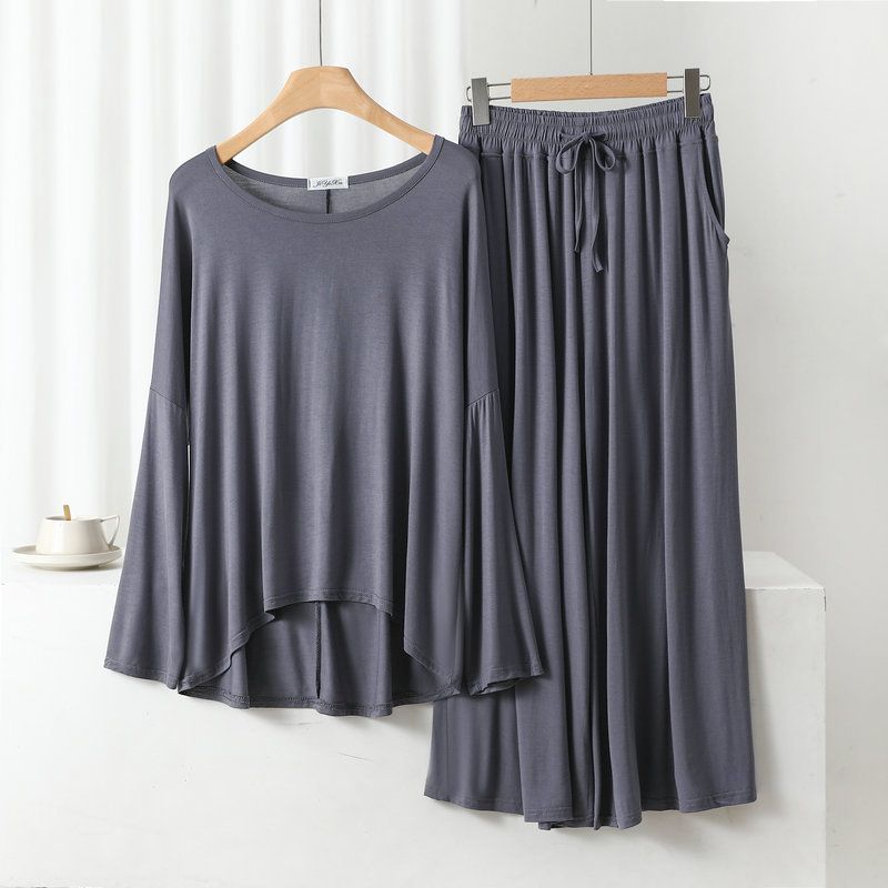 Grey Frill Sleeves Shirt With Lose Style Lounge Wear (KO-NS-415)