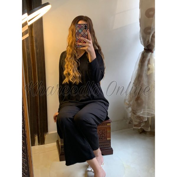 Black Plain V Neck Shirt With Lose Style Lounge Wear (KO-NS-035)