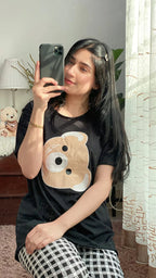 Black Bear Print Half Sleeves Shirt With Check Print Trouser (KO-NS-439)