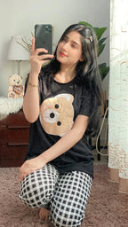 Black Bear Print Half Sleeves Shirt With Check Print Trouser (KO-NS-439)