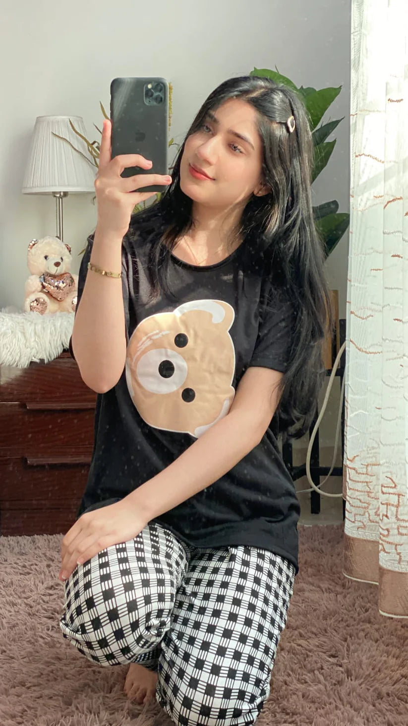 Black Bear Print Half Sleeves Shirt With Check Print Trouser (KO-NS-439)