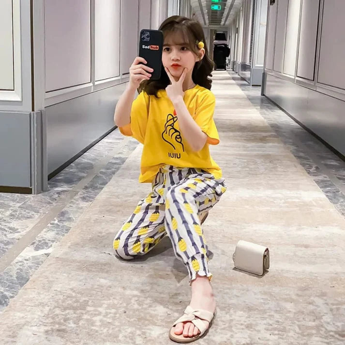 Yellow Love Charm Print Half Sleeves Shirt With Pineapple Printed Trouser Suit for Kids (KO-KNS-470)