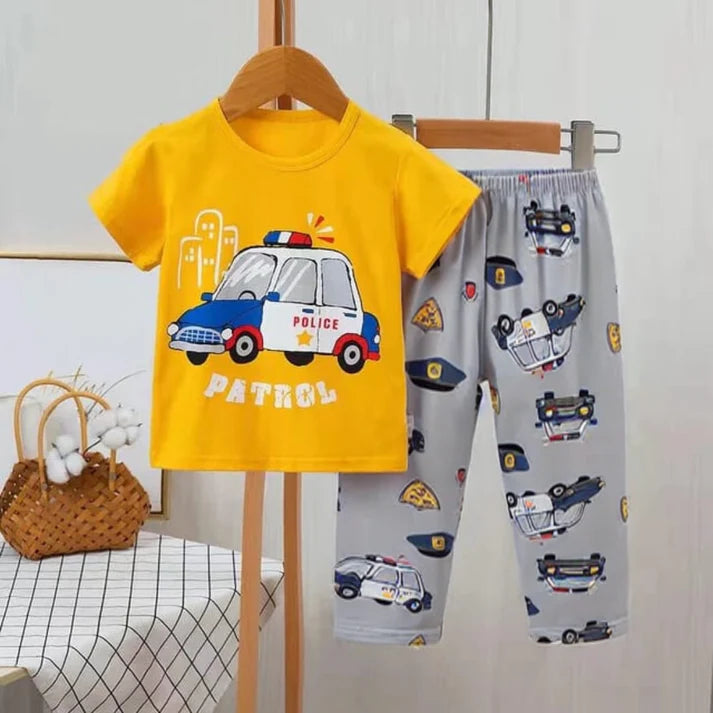 Yellow Car Print Half Sleeves T-shirt With Printed Pajama Suit for Kids (KO-KNS-474)