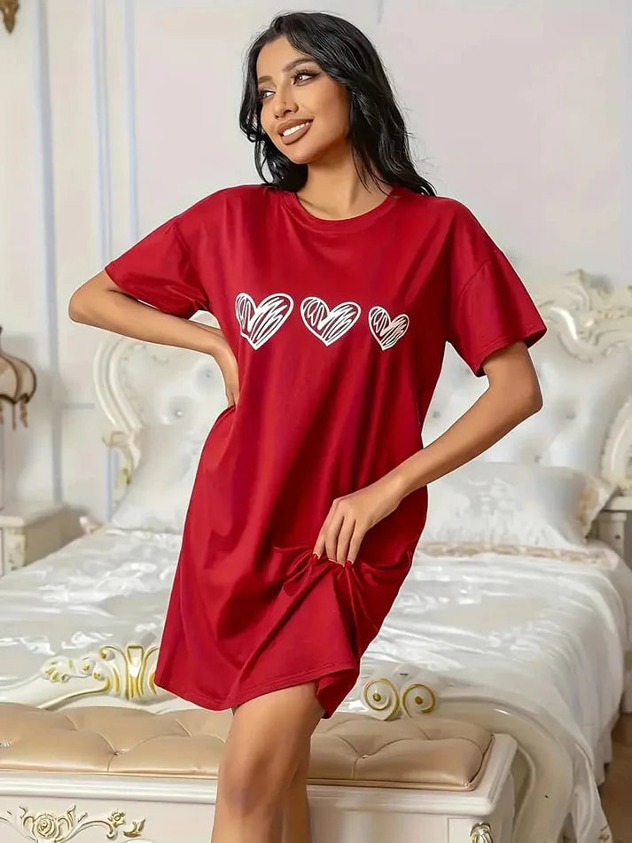 Red With White Heart Long Shirt For Women (KO-LS-518)