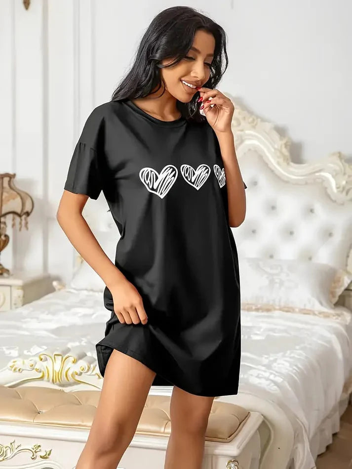 Black With White Heart Long Shirt For Women (KO-LS-520)