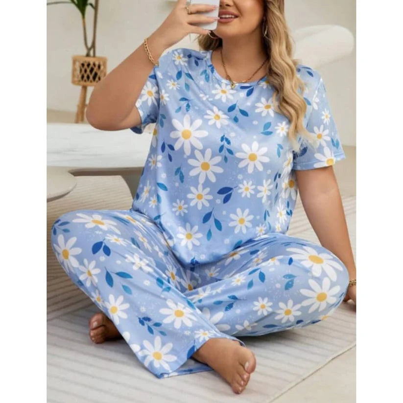 Sky Blue Flowers Print Half Sleeves T-shirt With Flowers Print Night Suit (KO-NS-502)