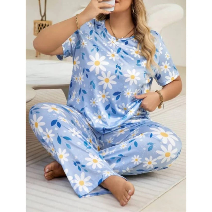 Sky Blue Flowers Print Half Sleeves T-shirt With Flowers Print Night Suit (KO-NS-502)